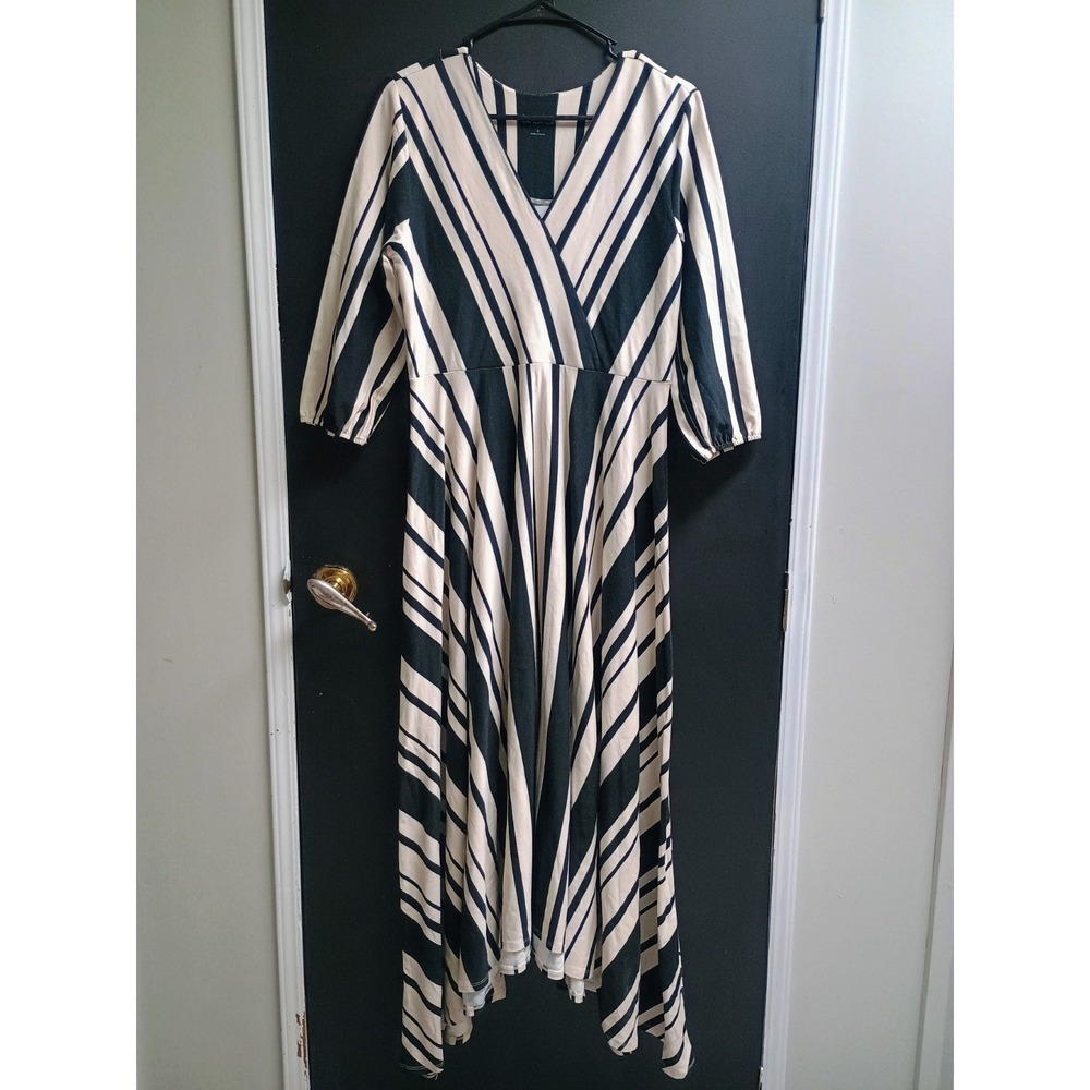 Soft Surroundings Tan Black Stripe Shark Bite Midi Soft Flowy Stretch Dress Sm
